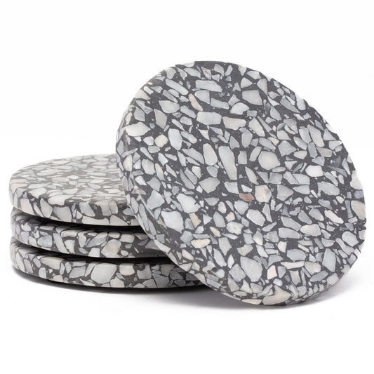 Thirstystone 4 Pack Black & White Natural Terrazzo Coasters with Protective Cork Backing 4" Diameter Attractive Absorbent Easily Wipes Clean