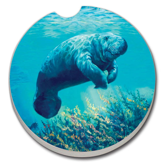 CounterArt Manatee Single Absorbnent Stone Coaster for Vehicle Cup Holder 2.6” Diameter Manufactured in The USA