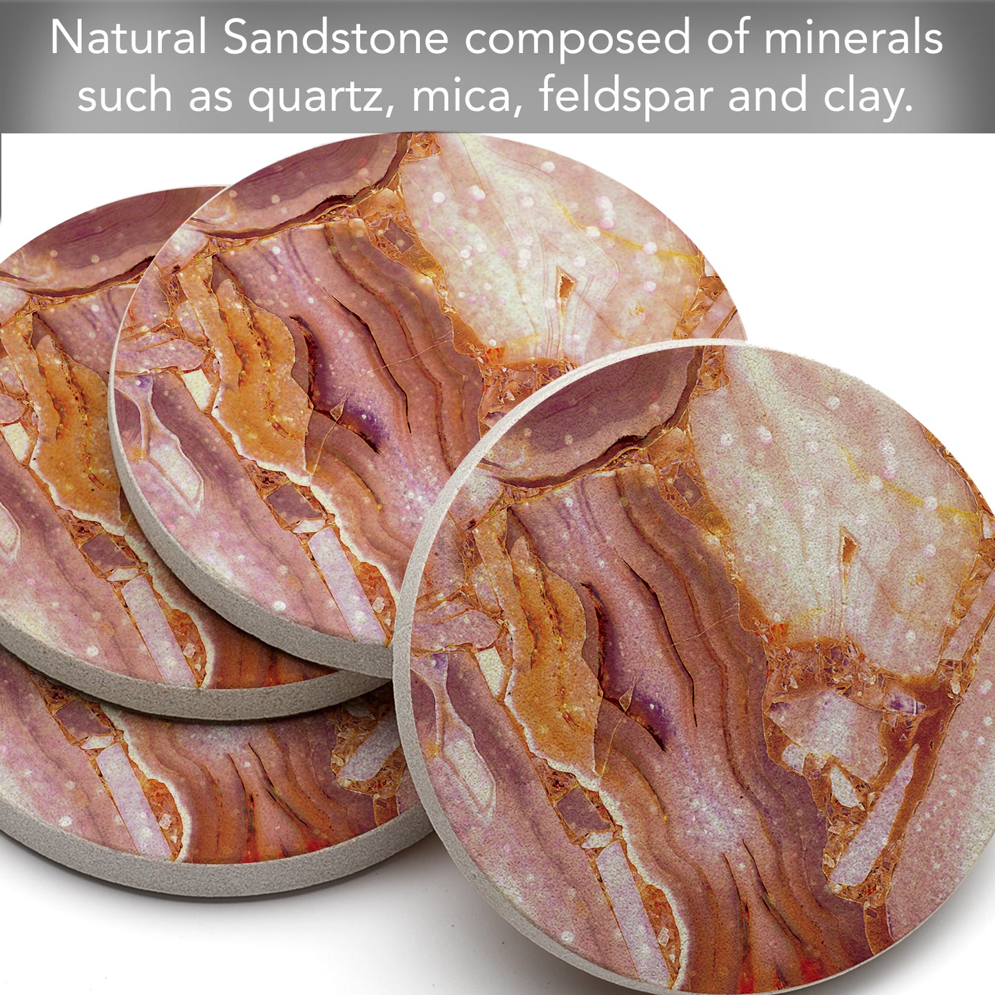 Thirstystone Coral Agate Natural Sandstone Coaster 4 Pack Eco-Friendly, Absorbent, Easily Wipes Clean