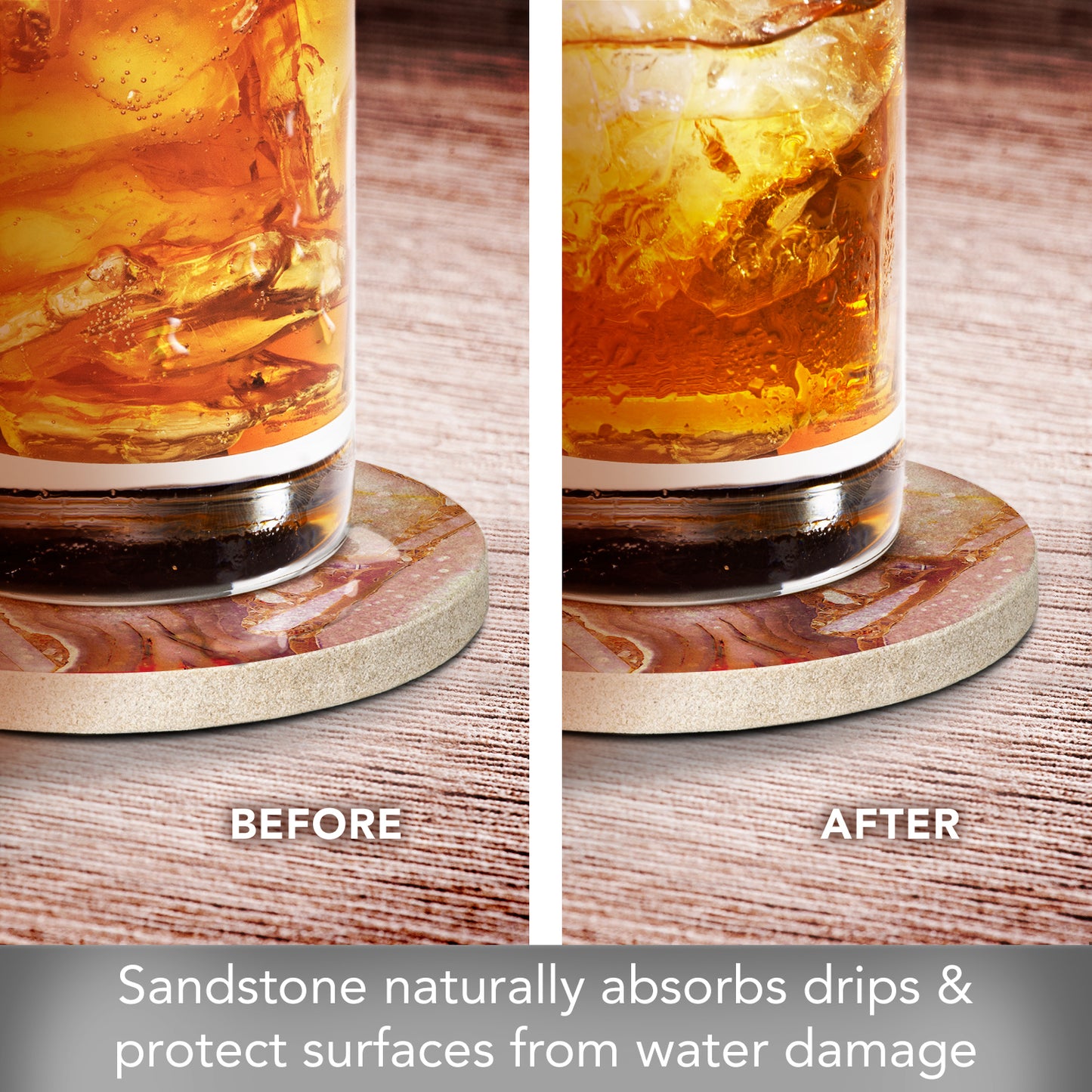 Thirstystone Coral Agate Natural Sandstone Coaster 4 Pack Eco-Friendly, Absorbent, Easily Wipes Clean