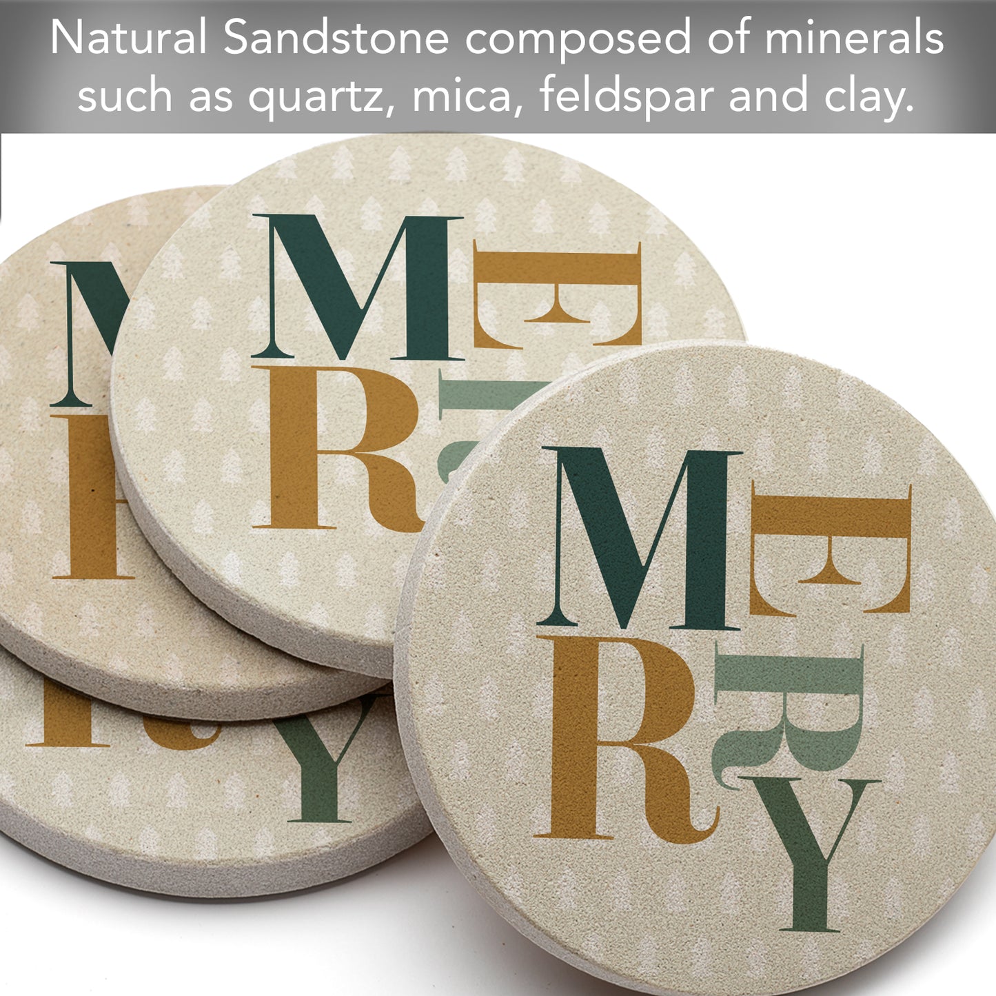 Thirstystone Merry 4 Pack Natural Sandstone Coasters with Protective Cork Backing Manufactured in The USA