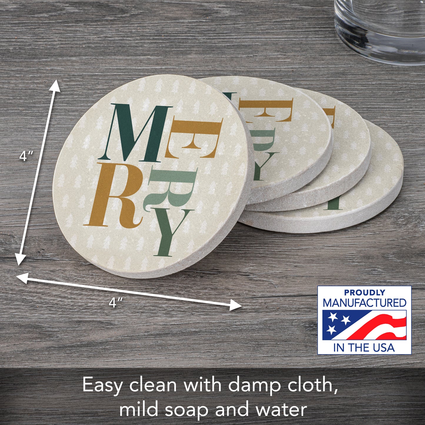 Thirstystone Merry 4 Pack Natural Sandstone Coasters with Protective Cork Backing Manufactured in The USA