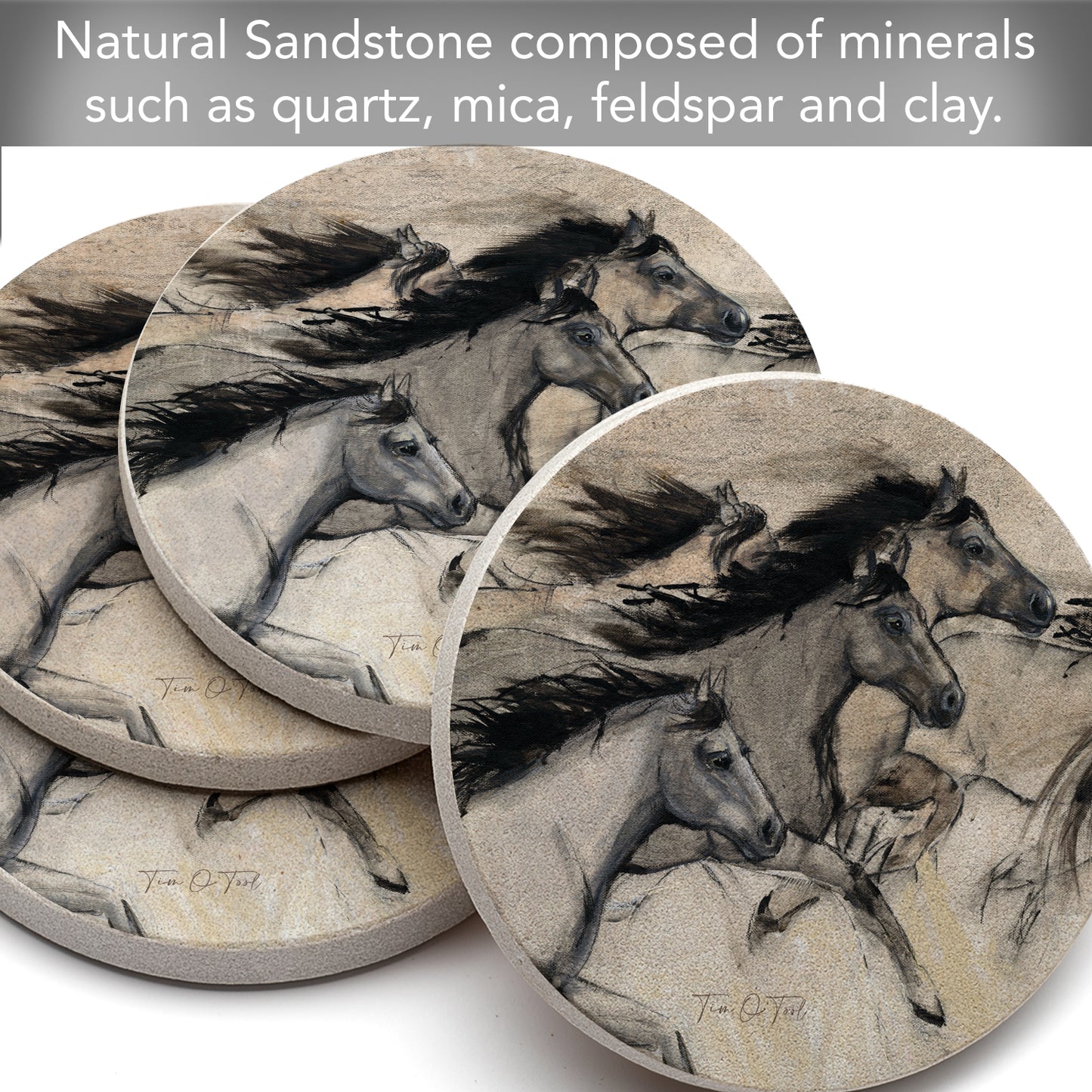 Thirstystone Horses in Motion 4 Pack Round Natural Sandstone Coasters with Protective Cork Backing Manufactured in The USA