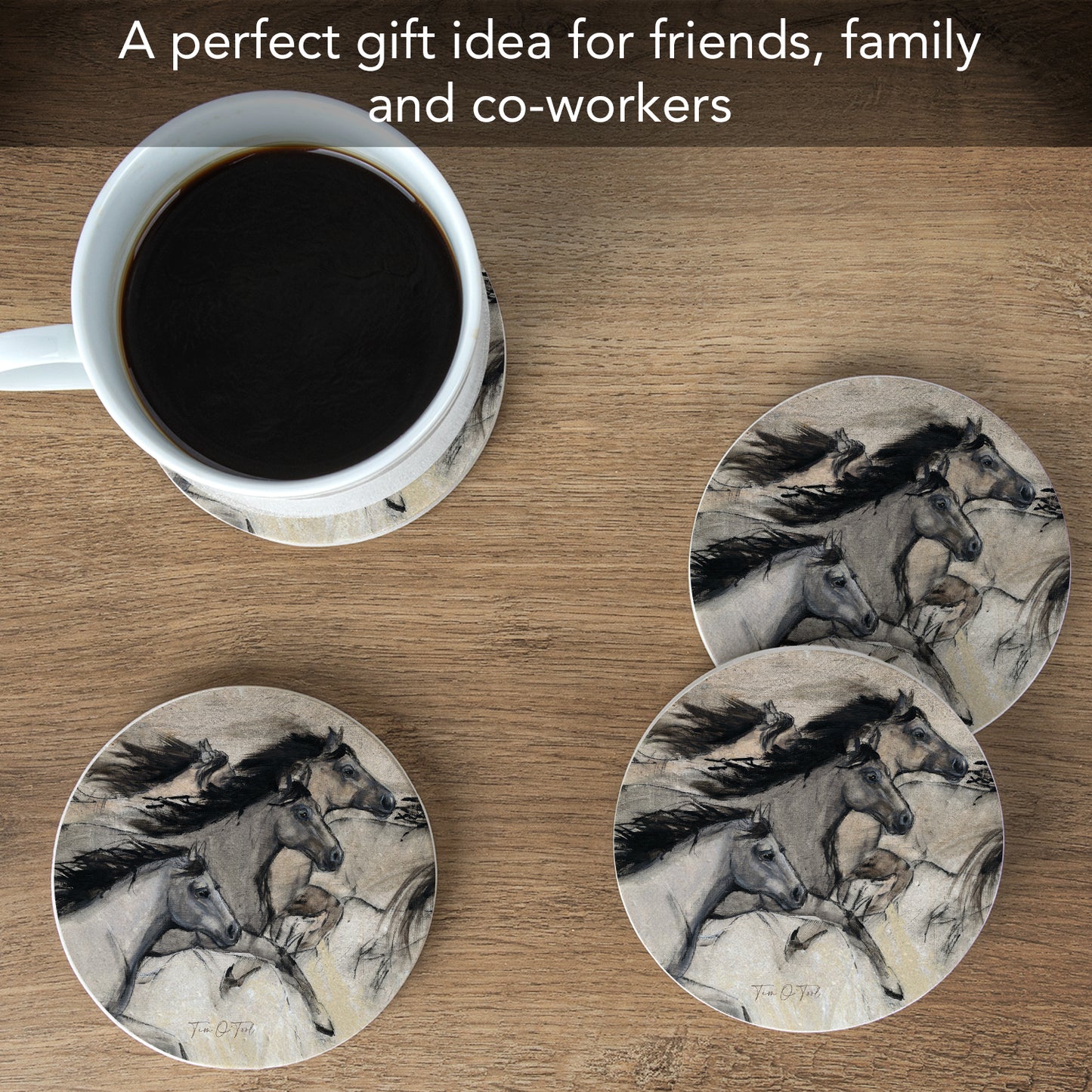 Thirstystone Horses in Motion 4 Pack Round Natural Sandstone Coasters with Protective Cork Backing Manufactured in The USA