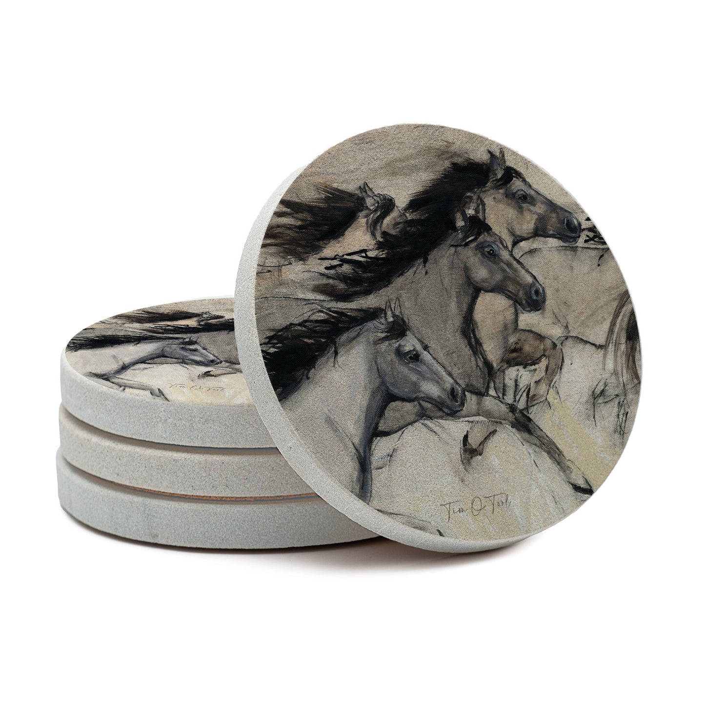 Thirstystone Horses in Motion 4 Pack Round Natural Sandstone Coasters 4" Round