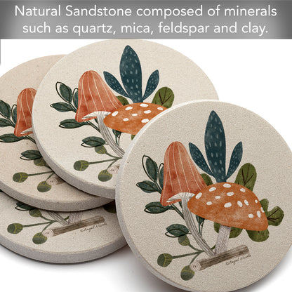 Thirstystone Amanita Mushroom 4 Pack Round Natural Sandstone Coasters with Protective Cork Backing Manufactured in The USA