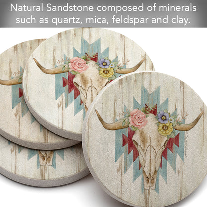 Thirstystone Ranch Skull 4 Pack Round Natural Sandstone Coasters with Protective Cork Backing Manufactured in The USA