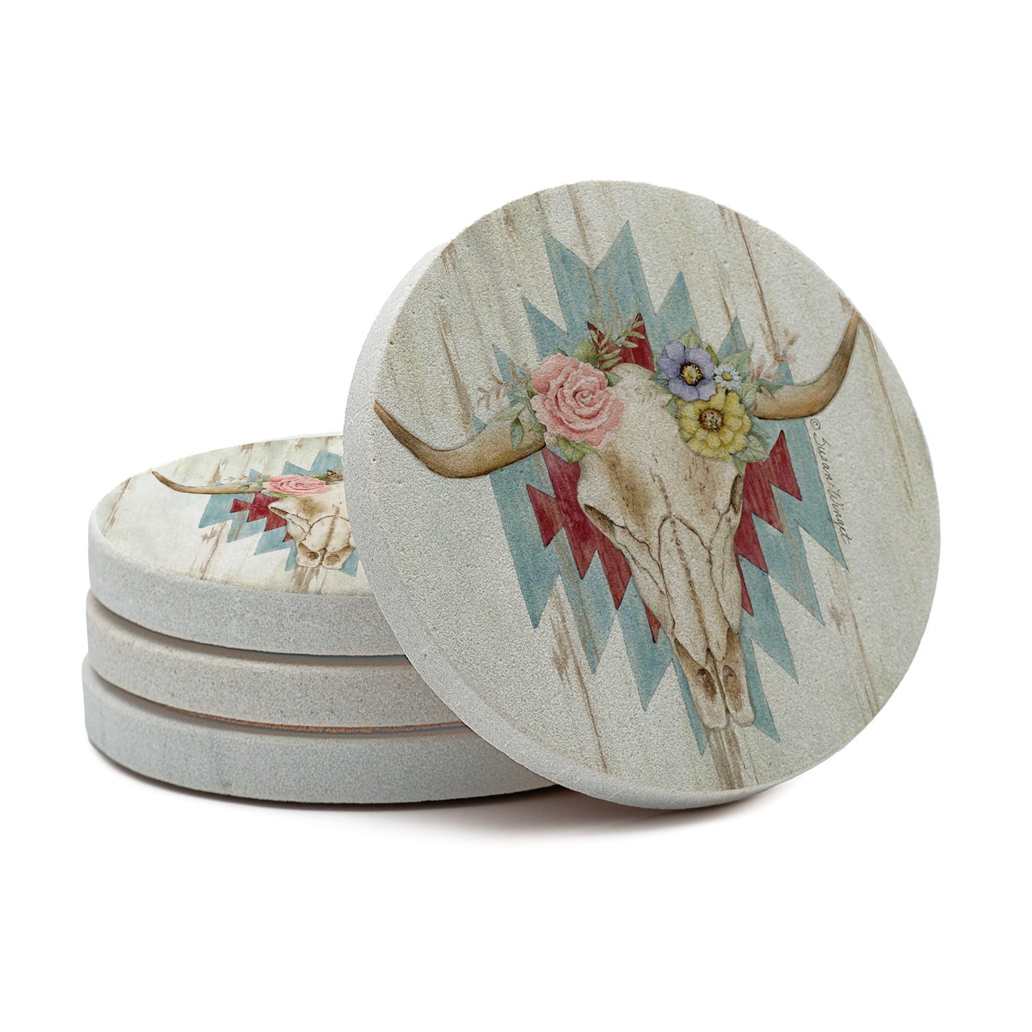Thirstystone Ranch Skull 4 Pack Natural Sandstone Coasters 4" Round