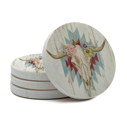 Thirstystone Ranch Skull 4 Pack Natural Sandstone Coasters 4" Round