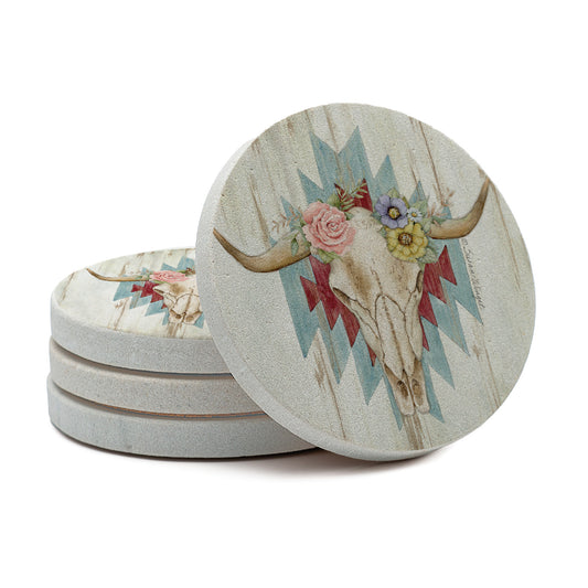 Thirstystone Ranch Skull 4 Pack Natural Sandstone Coasters 4" Round