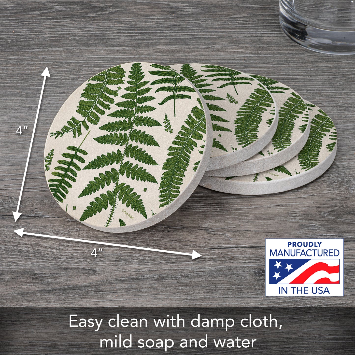 Thirstystone Ferns 4 Pack Round Natural Sandstone Coasters with Protective Cork Backing Manufactured in The USA