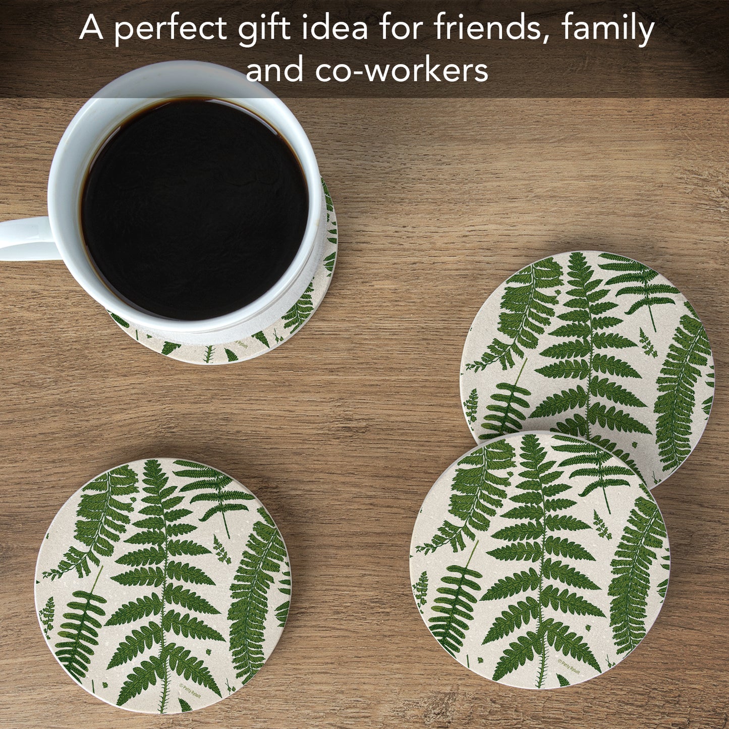Thirstystone Ferns 4 Pack Round Natural Sandstone Coasters with Protective Cork Backing Manufactured in The USA