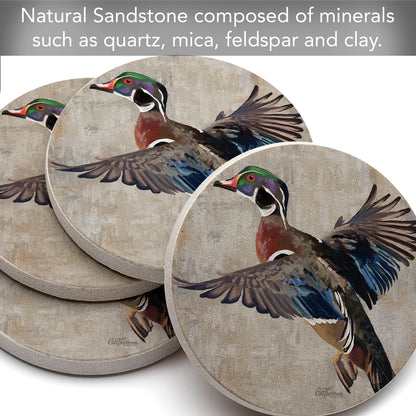 Thirstystone Wood Duck 4 Pack Round Natural Sandstone Coasters with Protective Cork Backing Manufactured in The USA