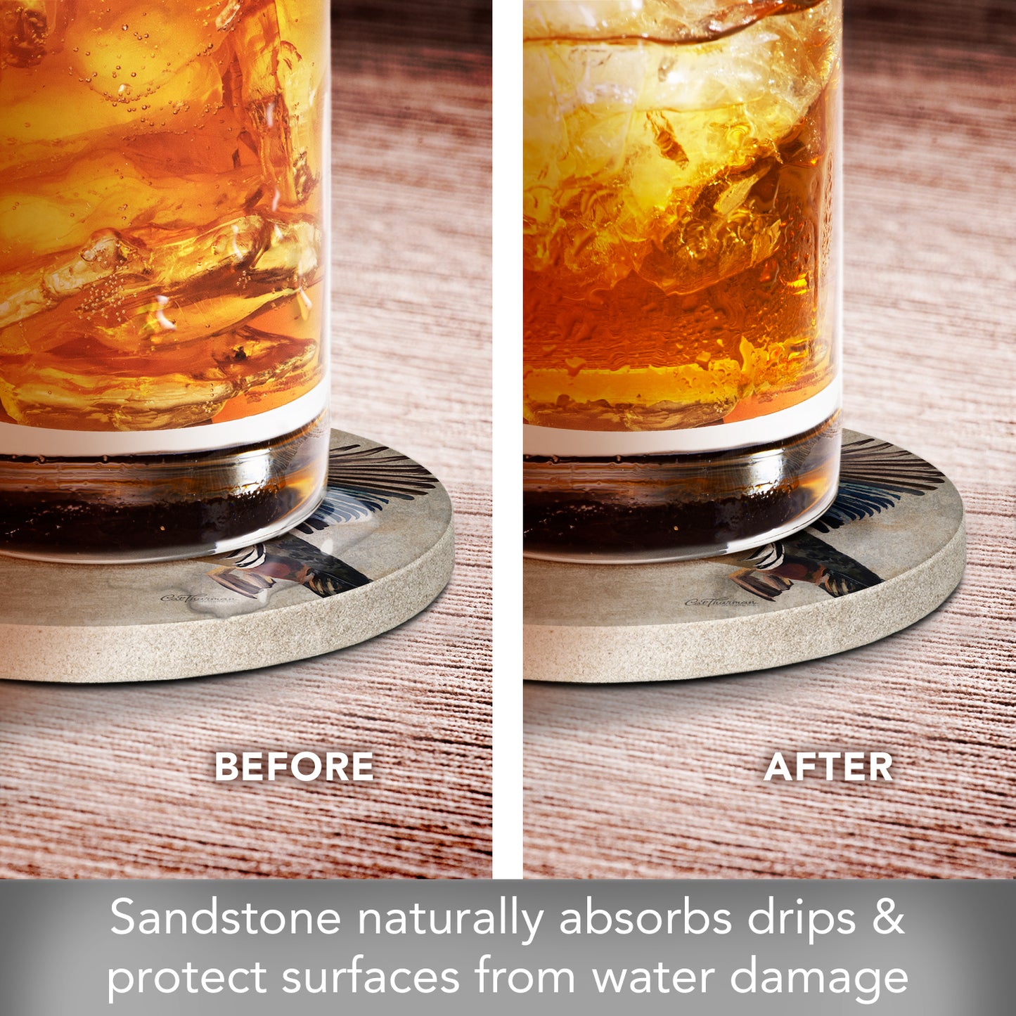 Thirstystone Wood Duck 4 Pack Round Natural Sandstone Coasters with Protective Cork Backing Manufactured in The USA