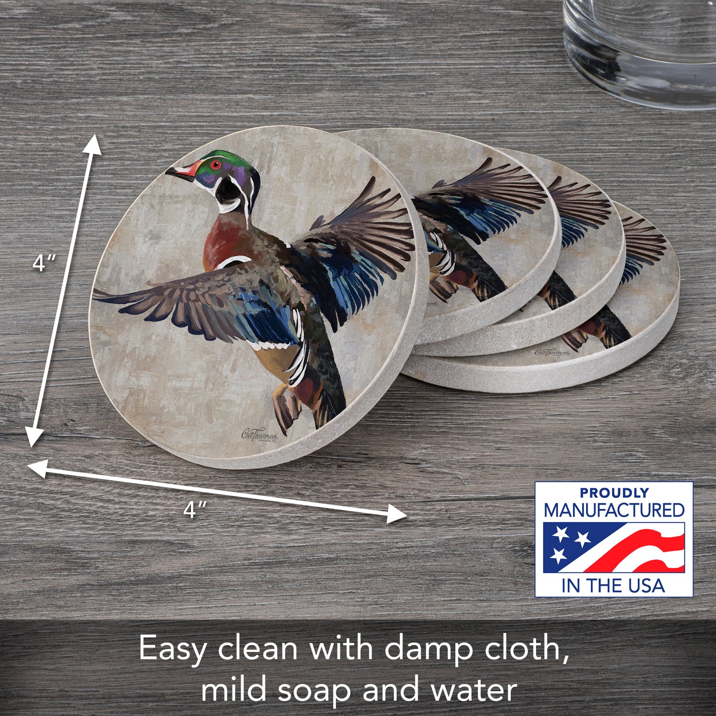 Thirstystone Wood Duck 4 Pack Round Natural Sandstone Coasters with Protective Cork Backing Manufactured in The USA