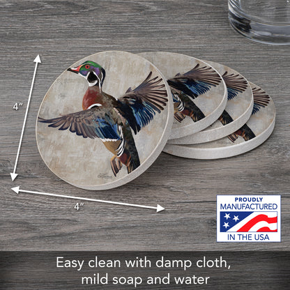 Thirstystone Wood Duck 4 Pack Round Natural Sandstone Coasters with Protective Cork Backing Manufactured in The USA