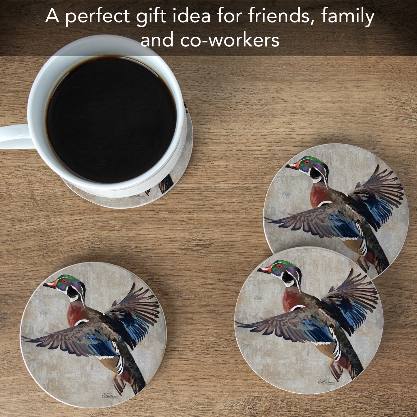Thirstystone Wood Duck 4 Pack Round Natural Sandstone Coasters with Protective Cork Backing Manufactured in The USA