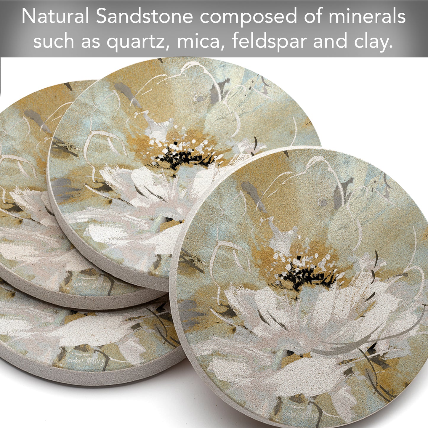 Thirstystone Floral Dreamscape 4 Pack Round Natural Sandstone Coasters with Protective Cork Backing Manufactured in The USA