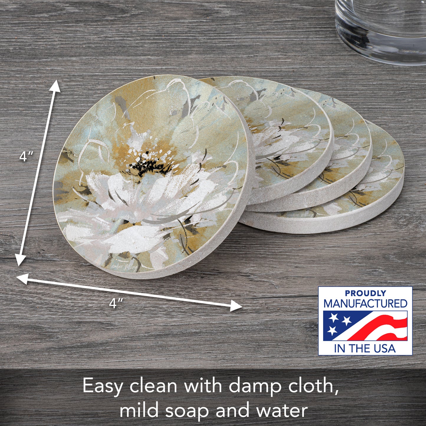 Thirstystone Floral Dreamscape 4 Pack Round Natural Sandstone Coasters with Protective Cork Backing Manufactured in The USA