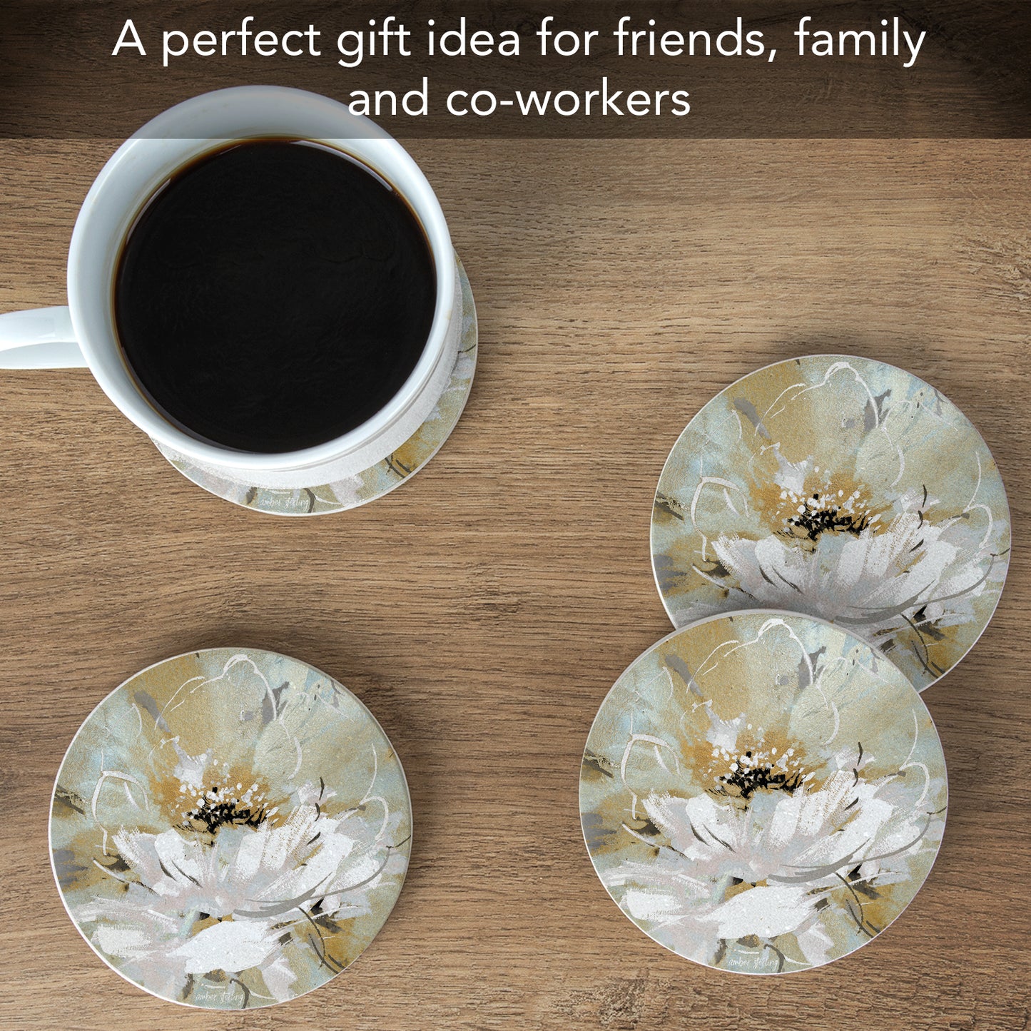 Thirstystone Floral Dreamscape 4 Pack Round Natural Sandstone Coasters with Protective Cork Backing Manufactured in The USA