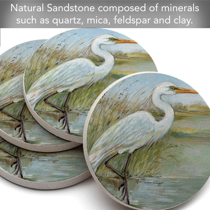 Thirstystone Coastal Egret 4 Pack Round Natural Sandstone Coasters with Protective Cork Backing Manufactured in The USA