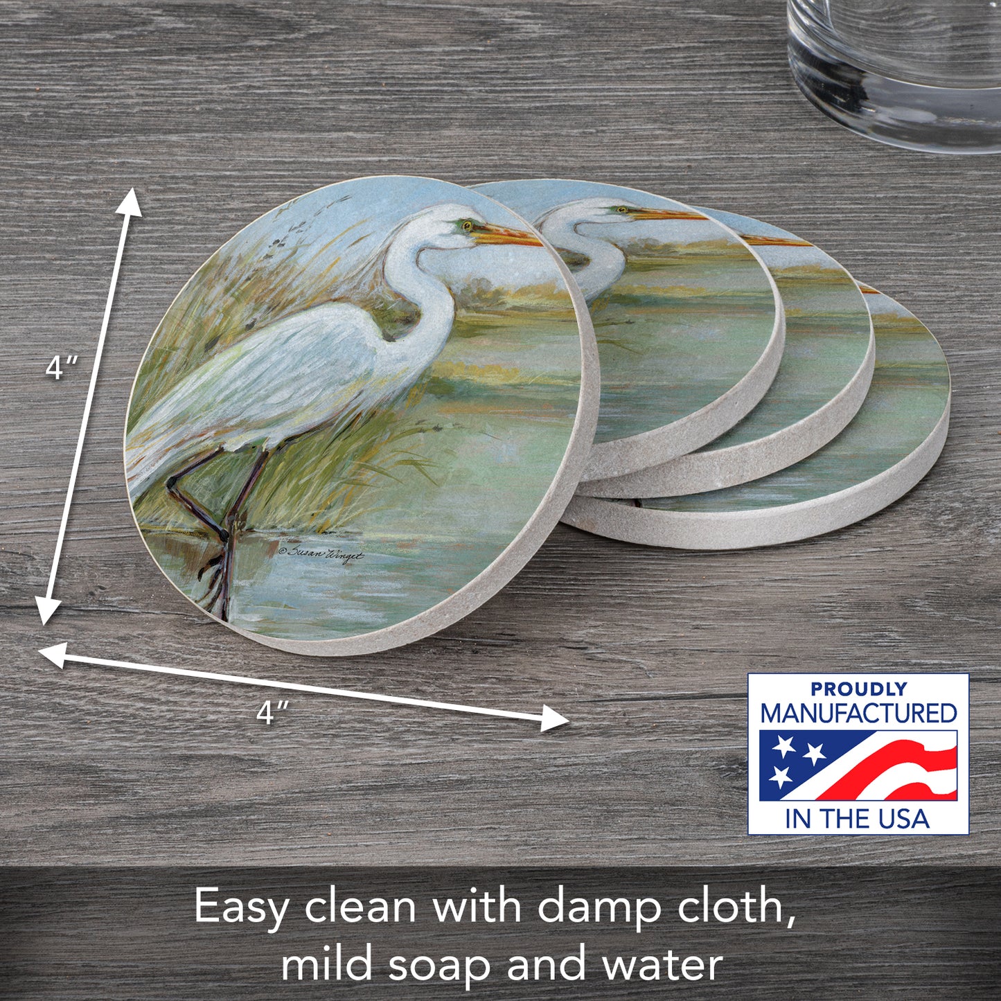 Thirstystone Coastal Egret 4 Pack Round Natural Sandstone Coasters with Protective Cork Backing Manufactured in The USA