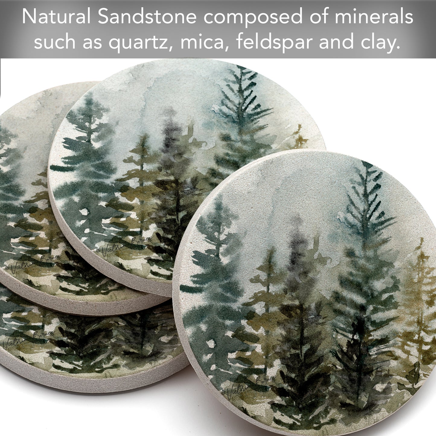 Thirstystone Misty Tree Line 4 Pack Natural Sandstone Coasters 4" Round Manufactured in the USA