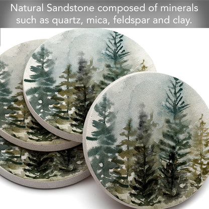 Thirstystone Misty Tree Line 4 Pack Natural Sandstone Coasters 4" Round Manufactured in the USA