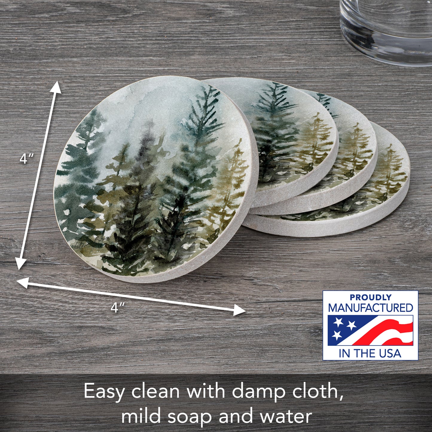 Thirstystone Misty Tree Line 4 Pack Natural Sandstone Coasters 4" Round Manufactured in the USA