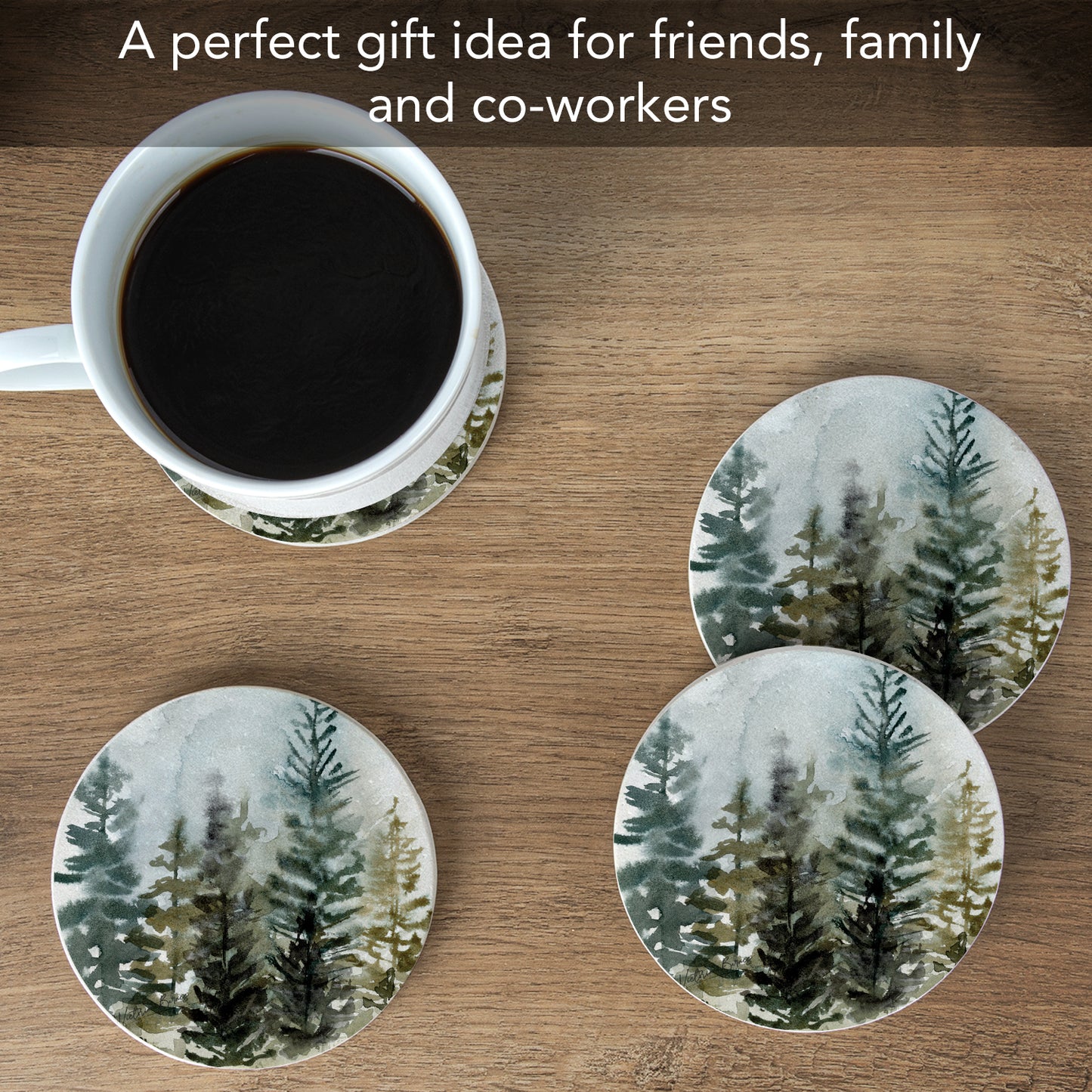 Thirstystone Misty Tree Line 4 Pack Natural Sandstone Coasters 4" Round Manufactured in the USA