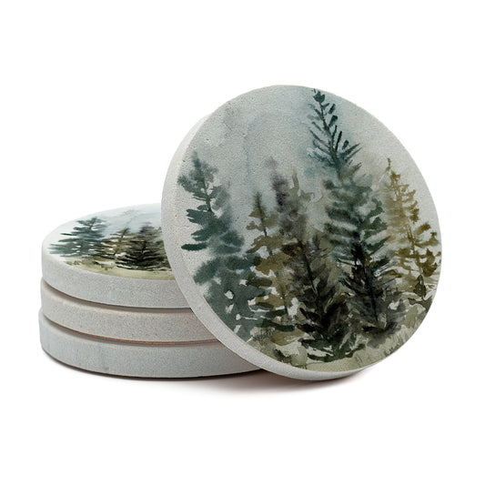 Thirstystone Misty Tree Line 4 Pack Natural Sandstone Coasters 4" Round