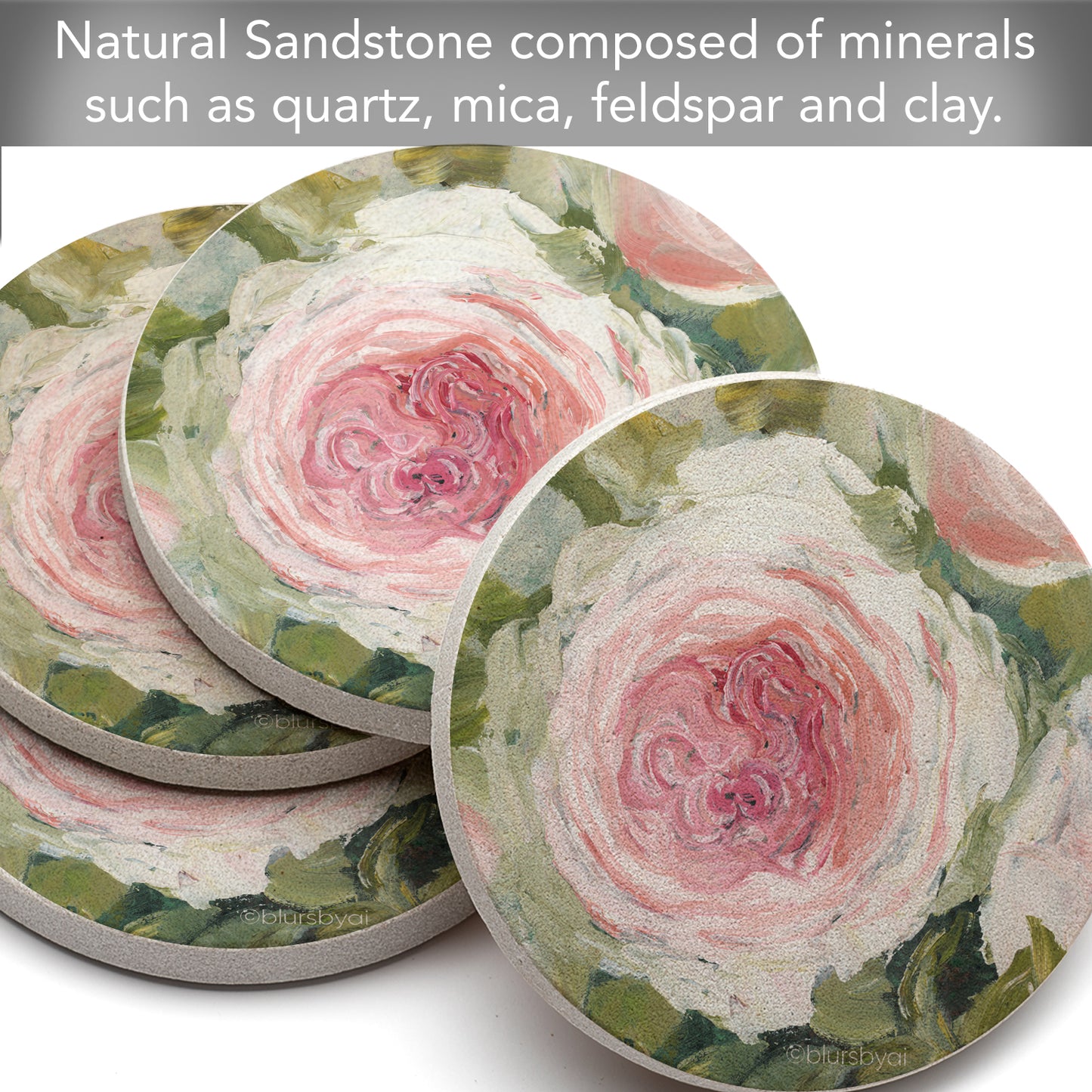 Thirstystone Aged Beauty Floral 4 Pack Natural Sandstone Coasters 4" Round Manufactured in the USA