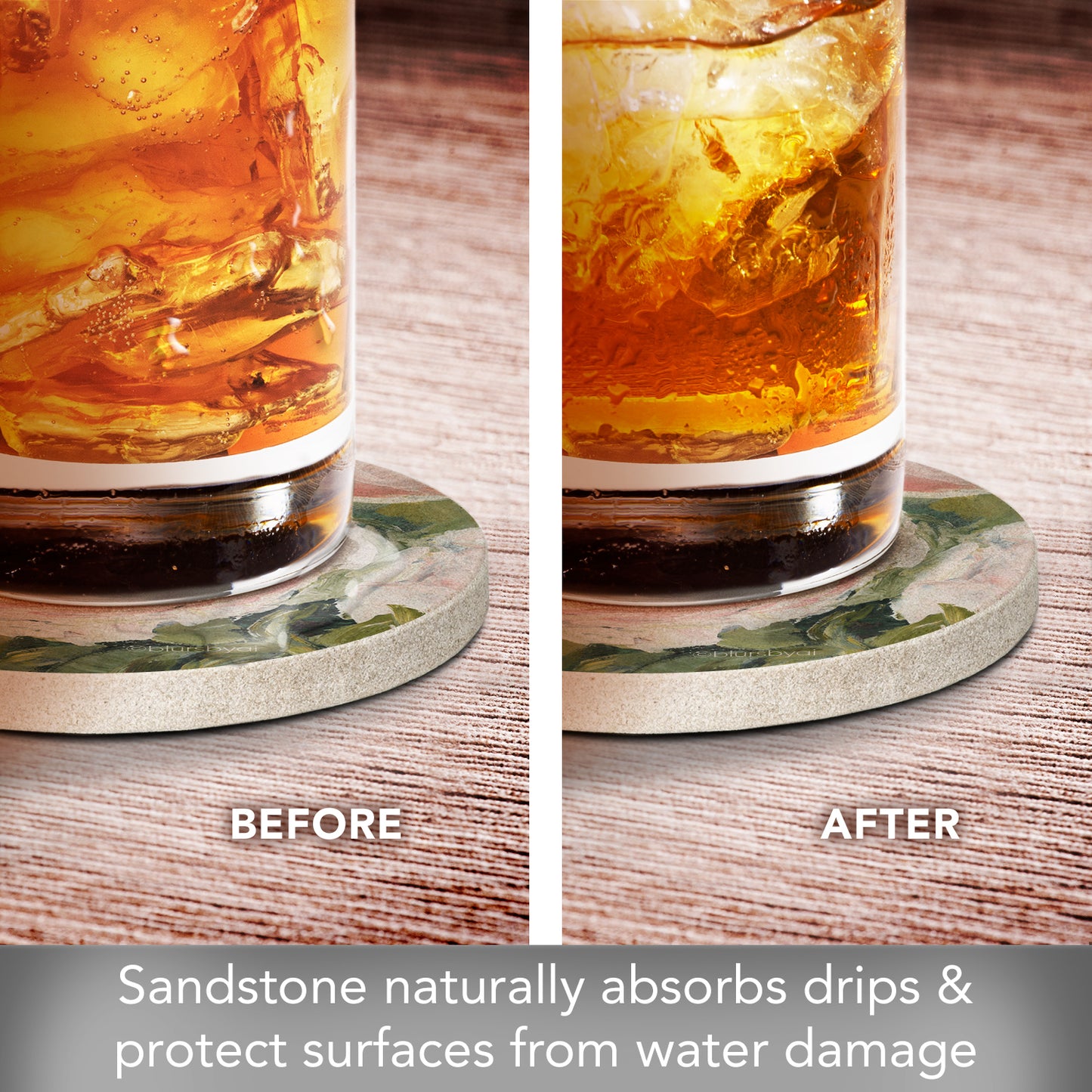 Thirstystone Aged Beauty Floral 4 Pack Natural Sandstone Coasters 4" Round Manufactured in the USA