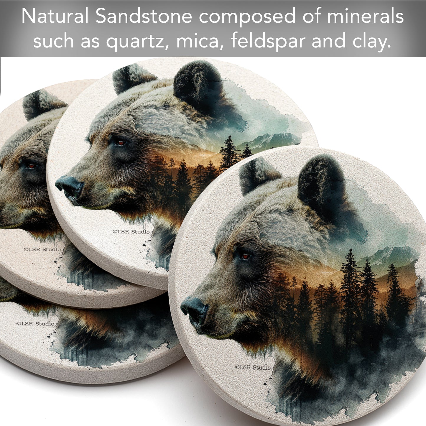 Thirstystone Bear Silhouette 4 Pack Natural Sandstone Coasters 4" Round Manufactured in the USA
