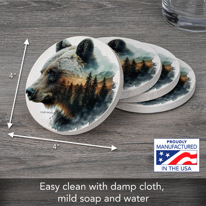 Thirstystone Bear Silhouette 4 Pack Natural Sandstone Coasters 4" Round Manufactured in the USA
