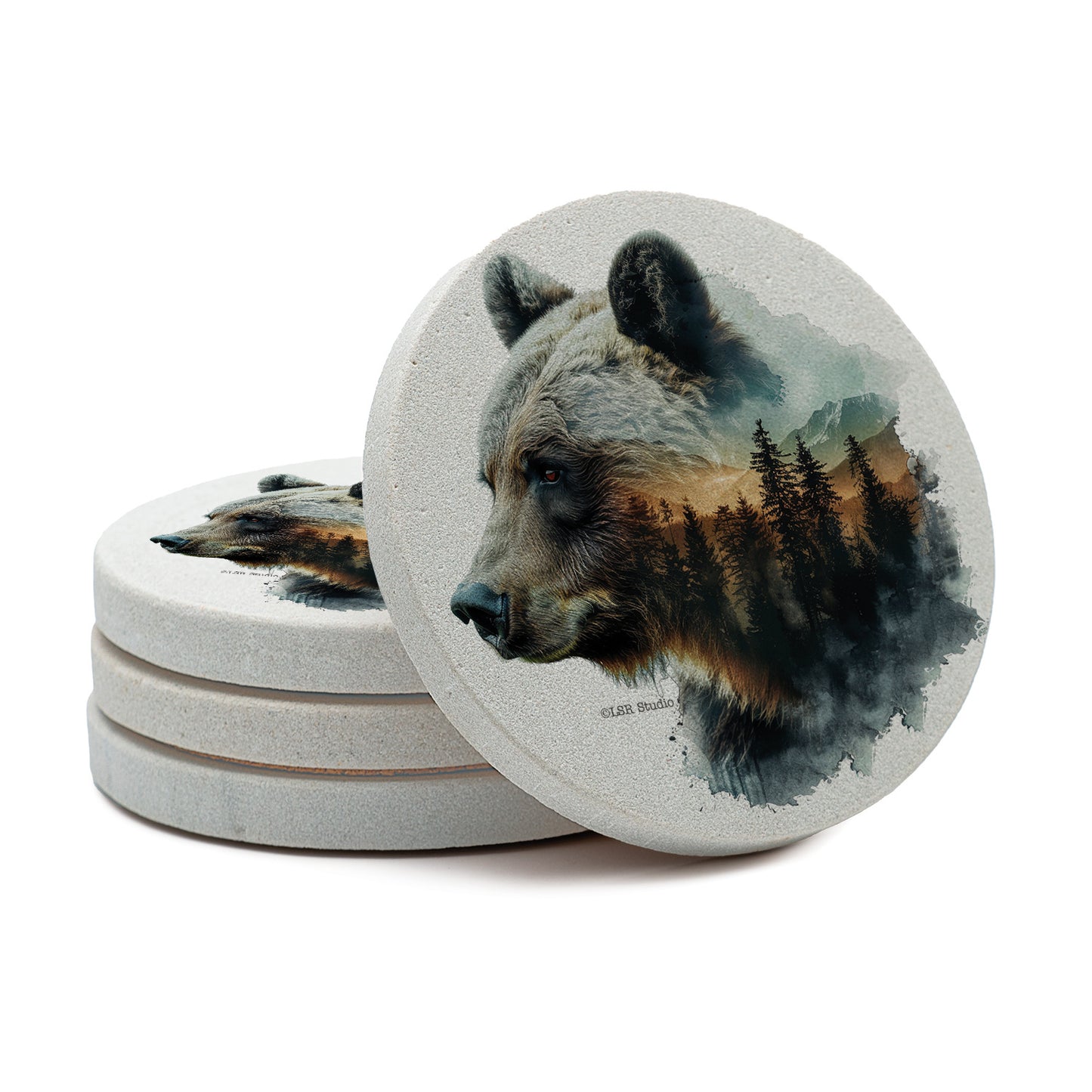 Thirstystone Bear Silhouette 4 Pack Natural Sandstone Coasters 4" Round