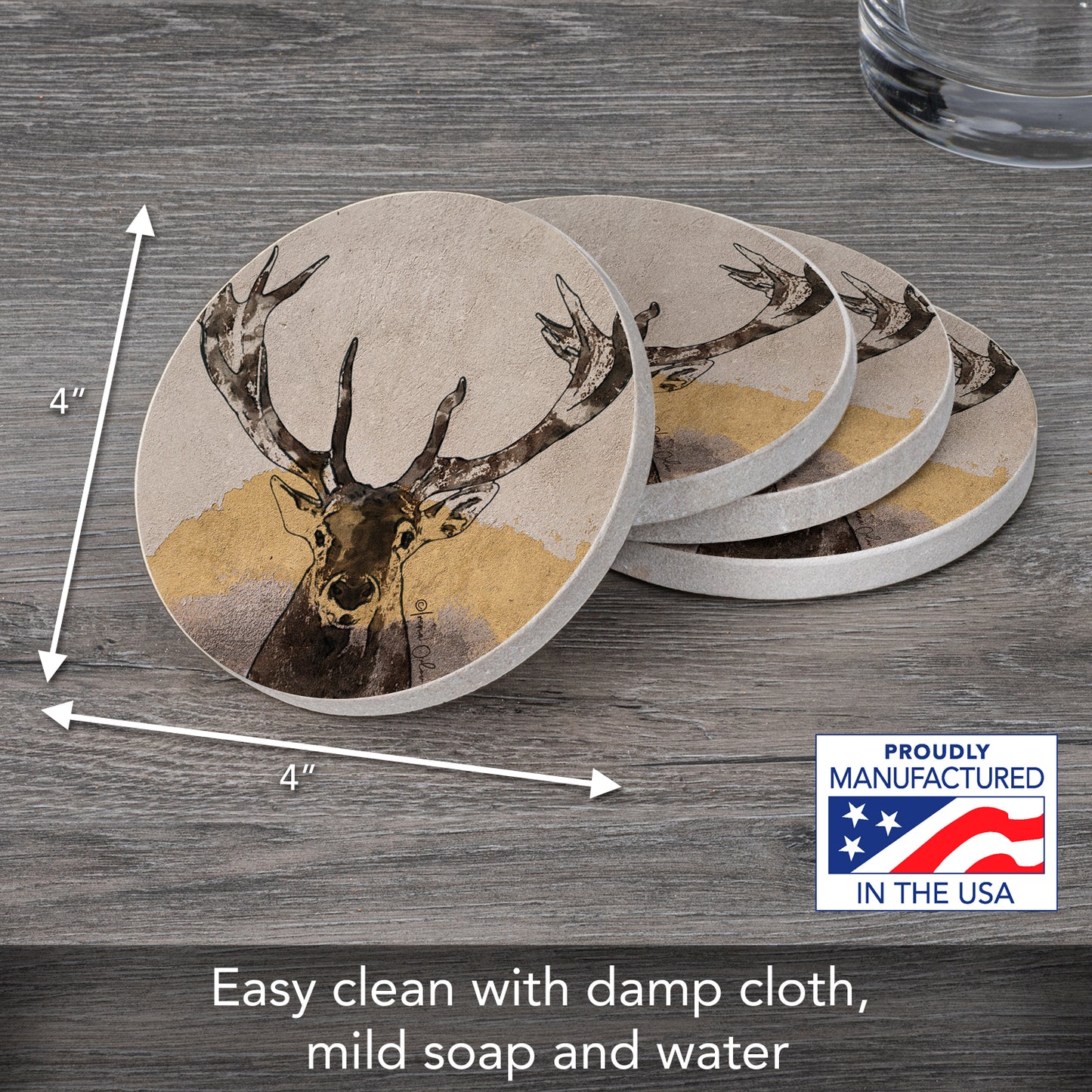 Thirstystone Whitetail Deer 4 Pack Natural Sandstone Coasters 4" Round Manufactured in the USA