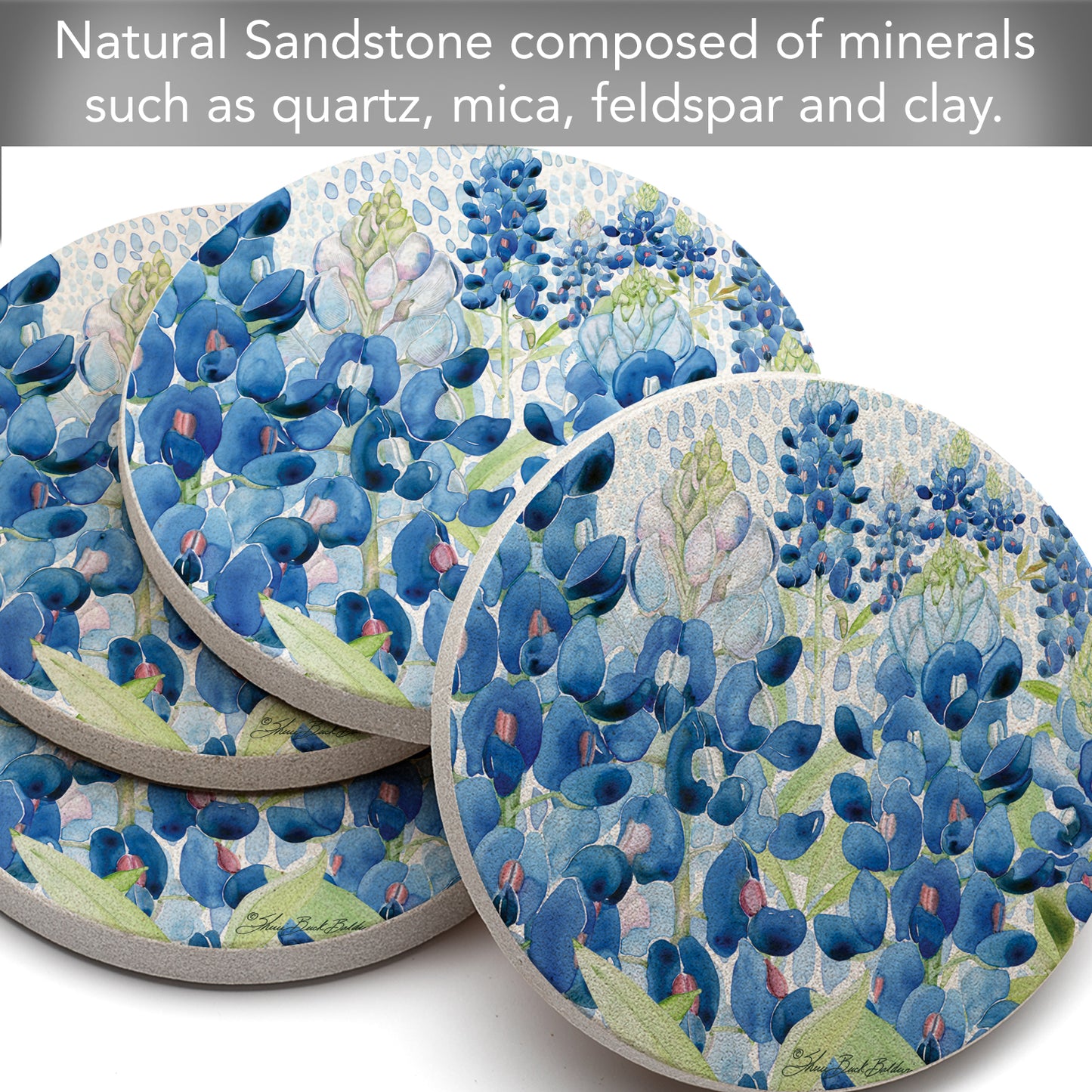 Thirstystone Bluebonnet Fields 4 Pack Natural Sandstone Coasters 4" Round Manufactured in The USA
