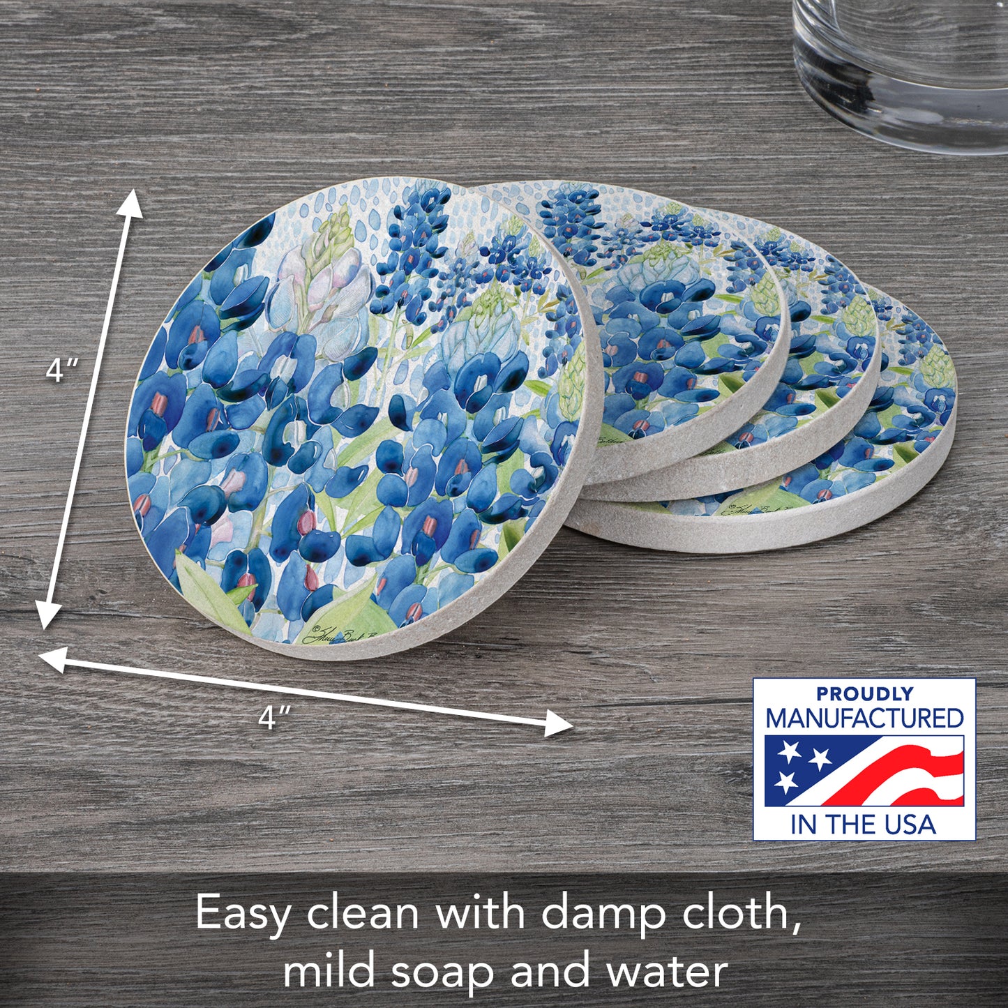 Thirstystone Bluebonnet Fields 4 Pack Natural Sandstone Coasters 4" Round Manufactured in The USA
