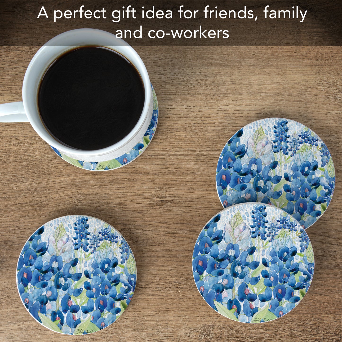 Thirstystone Bluebonnet Fields 4 Pack Natural Sandstone Coasters 4" Round Manufactured in The USA
