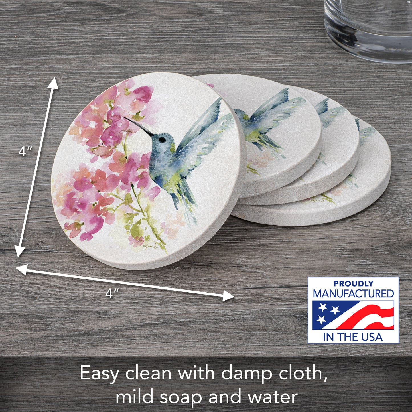 Thirstystone Hummingbird Watercolor 4 Pack Round Natural Sandstone Coasters 4" Round Manufactured in The USA