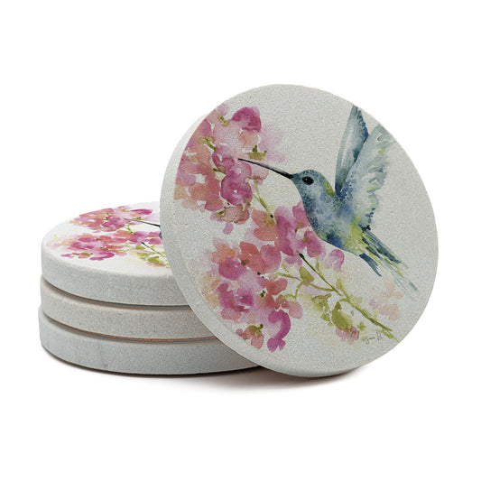Thirstystone Hummingbird Watercolor 4 Pack Round Natural Sandstone Coasters 4" Round