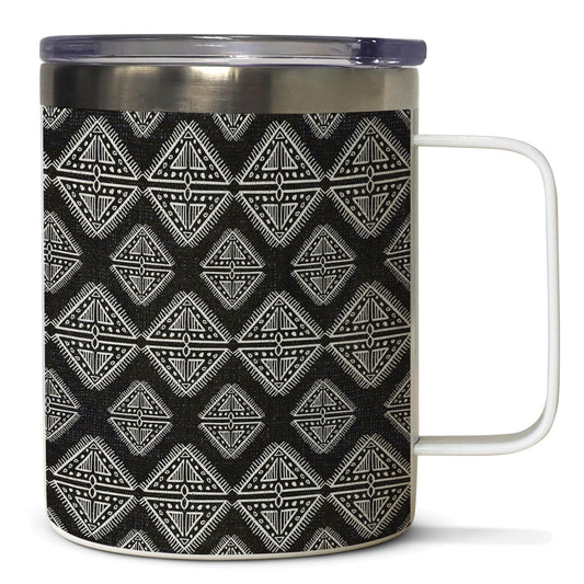 Highland Home Decorative Stainless Steel Insulated Travel Mug with Lid and Handle 12 oz. Manufactured in the USA Dishwasher Safe (Tribal Zen)