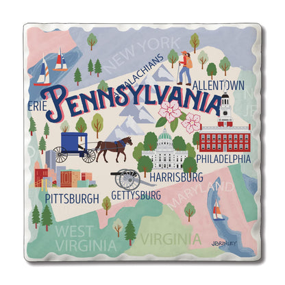 Thirstystone Pennsylvania Attractions 4 Pack Tumbled Tile Stone Coasters 4” Square Manufactured in the USA
