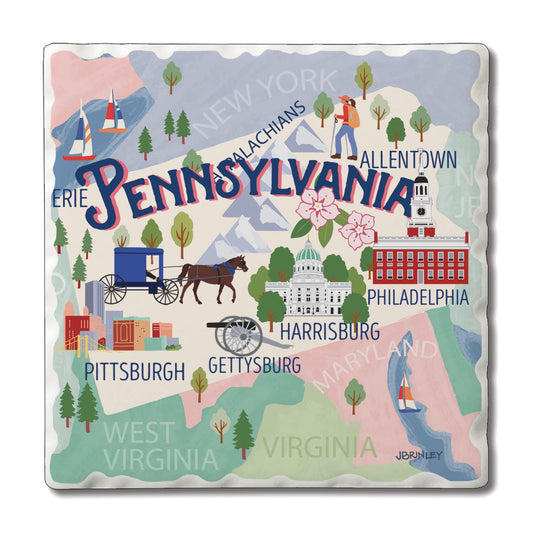 Thirstystone Pennsylvania Attractions 4 Pack Tumbled Tile Stone Coasters 4” Square Manufactured in the USA