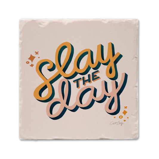Thirstystone Slay The Day 4 Pack Tumbled Tile Stone Coasters 4" Square Manufactured in the USA