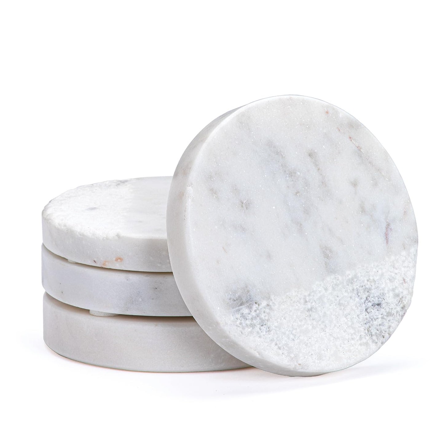 Thirstystone 4 Pack Round Natural White Marble Textured Coasters 4" Diameter Elegant Heat Tolerant Easily Wipes Clean