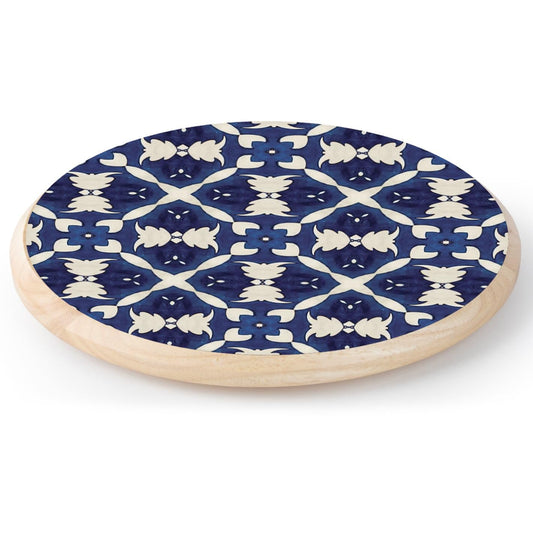 CounterArt Blue & White Pattern Wood Lazy Susan Turntable 14" Diameter for Serving Kitchen Organization Condiment Caddy