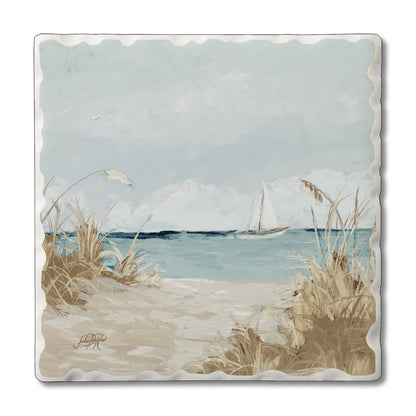 Thirstystone Peek at Beach Single Tumbled Tile Stone Coaster with Protective Cork Backing Manufactured in The USA 4" Square, Colorful, Artistiic, Easily Wipes Clean