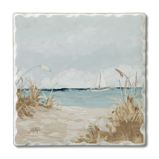 Thirstystone Peek at Beach Single Tumbled Tile Stone Coaster with Protective Cork Backing Manufactured in The USA 4" Square, Colorful, Artistiic, Easily Wipes Clean